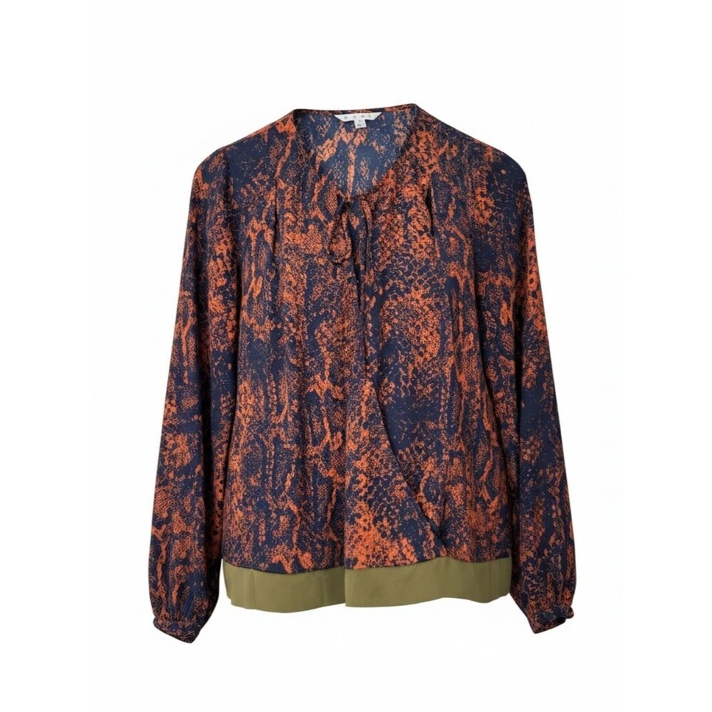 CAbi Abstract Tie-Neck Blouse in Navy & Orange with Olive Hem - Size Small